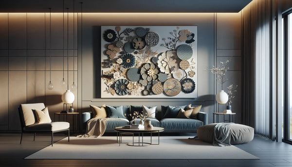 Modernes Wohnzimmer mit ruhiger Atmosphäre und Wandcollage aus floralen und abstrakten Motiven im Steelmonks Farbschema.