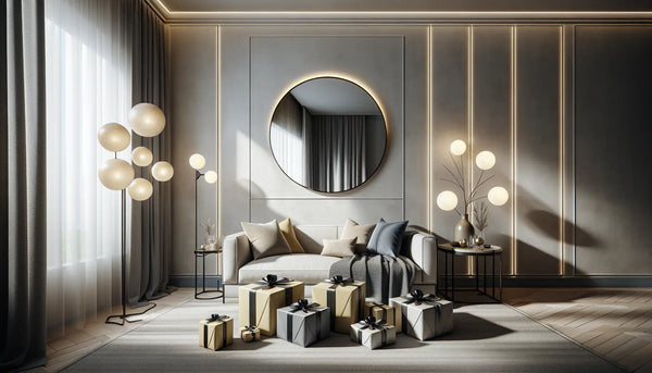 Modernes Wohnzimmer mit geometrischen Wandmustern, großem runden Spiegel mit blauem Rahmen, slim verpackten Geschenken auf hellem Untergrund, warme und ruhige Atmosphäre.