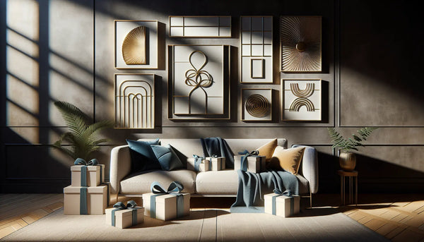 Modernes Wohnzimmer mit eleganter Galeriewand und stilvoll verpackten Geschenken in Steelmonks-Farben, warm, einladend und hochwertig.