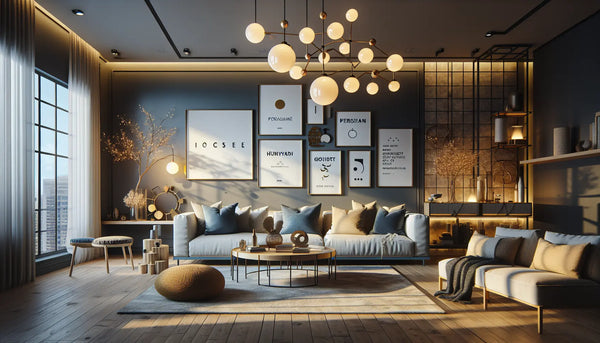 Modernes Wohnzimmer mit minimalistischer Metall-Wanddekoration, warmes Licht, Steelmonks Farbpalette in Blau, Weiß, Gelb und Schwarz, gemütlich und freundlich.