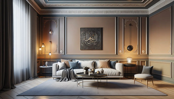 Modernes Wohnzimmer mit sanften Erdtönen, dezenten Zierleisten und personalisiertem Metallschild als edle Wanddekoration im Steelmonks Farblook.