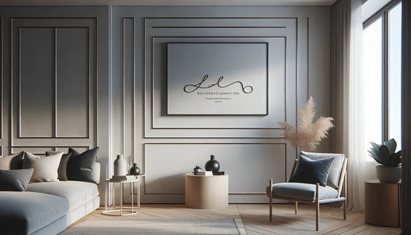 Modernes skandinavisches Wohnzimmer mit minimalistischer Einrichtung und elegantem Metallschild in Steelmonks Farbpalette.