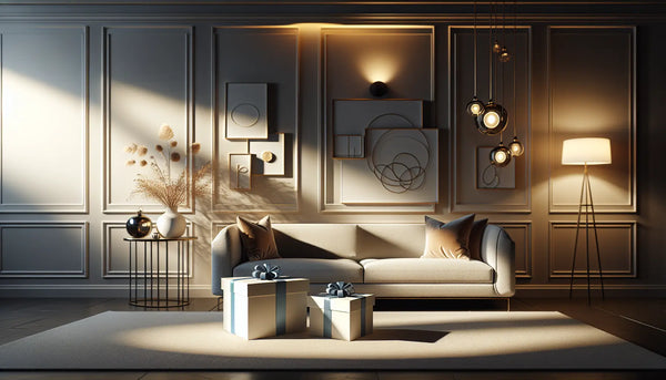 Modernes Wohnzimmer mit eleganten Zierleisten, Metallkunst und stilvoll verpackten Geschenken in Steelmonks Farben, warm und einladend beleuchtet.