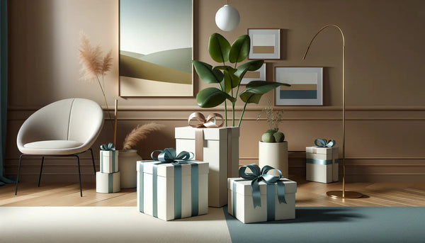 Modernes Wohnzimmer mit sanften Erdtönen, schlanken Geschenkboxen in Steelmonks Farben und harmonischer, freundlicher Atmosphäre.