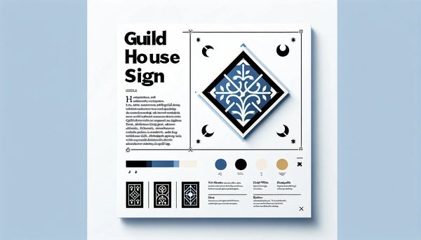 Minimalistisches, modernes Zunft-Hausschild als klare Vektorgrafik in Persian Blue auf weißem Hintergrund mit gelbem Akzentpunkt und schwarzem Text Tradition und moderne Designästhetik
