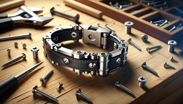 Ein schlankes, modernes Werkzeug-Armband mit persianblauen Details und gelben Highlights liegt auf einer Holzwerkbank, umgeben von Schrauben und Nägeln. Die Szene ist warm beleuchtet, mit realistischen Texturen und einer ruhigen Atmosphäre.