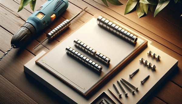 Montageset mit Metallabstandshaltern, Bohrer und Schrauben auf warmem Holztisch, stilvoll und einladend im Steelmonks Look.