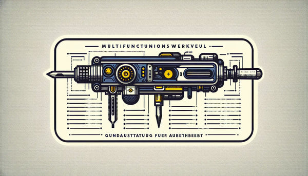 minimalist robust multifunktionswerkzeug als klare vektorgrafik auf hellem hintergrund mit text zu multifunktionswerkzeug