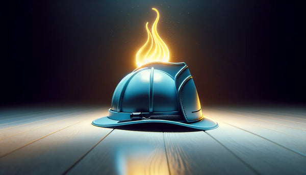 Leuchtender Feuerwehrhelm in Blau vor symbolischem loderndem Feuer, steht für Mut und Einsatz von Feuerwehrleuten im Steelmonks Stil.