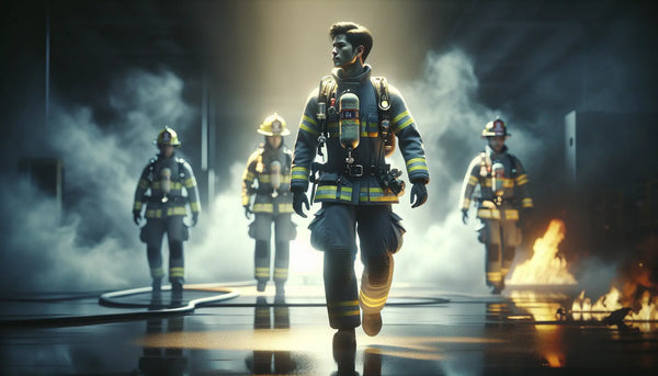 Feuerwehrmann schreitet mutig durch Rauch und Flammen, Kollegen unterstützen im Hintergrund, warme, realistische Szene im Steelmonks-Stil.