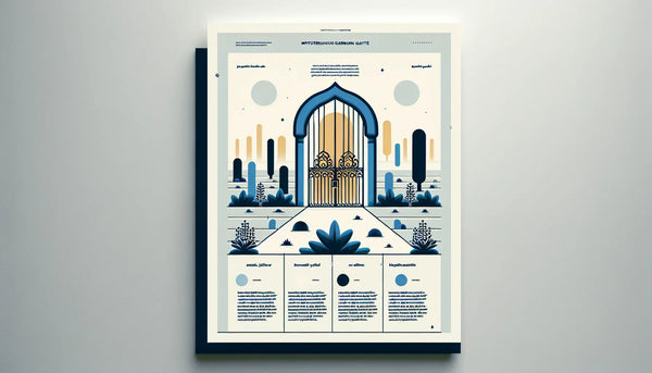 stilisiertes einschlaegiges gartentor mit angedeuteten pflanzen als reduzierte vektorgrafik auf hellem hintergrund mit text zu mysteriosem gartentor
