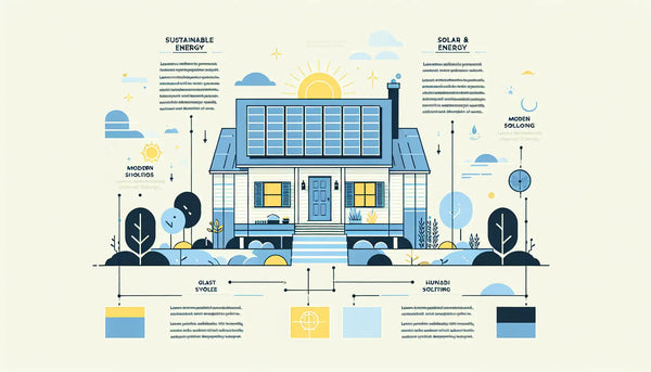 suburban haus mit solardach als klare vektorgrafik auf hellem hintergrund mit kurzem text zu nachhaltiger energie