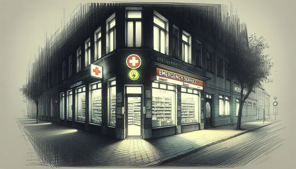 Skizzenhafte deutsche Apotheke bei Nacht mit beleuchtetem Notdienstzeichen und geschlossenen Fenstern