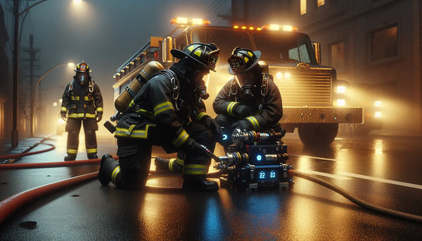 Feuerwehr rettet eingeklemmten Fahrzeuginsassen bei Nacht, hydraulische Geräte, warmes Licht, Steelmonks-Farbpalette.