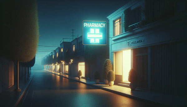 Ruhiger nächtlicher Straßenzug mit leuchtendem blauen Apothekenzeichen, ruhige Atmosphäre im Steelmonks-Farbstil.