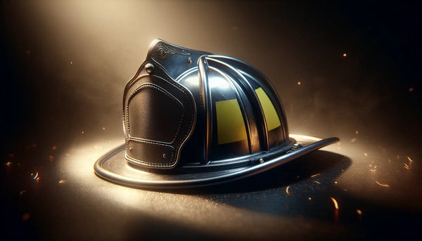 Nahaufnahme eines glänzenden Feuerwehrhelms mit Kratzern und Funkenflug, warmes Licht, symbolisiert Härte und Bedeutung des Einsatzes.