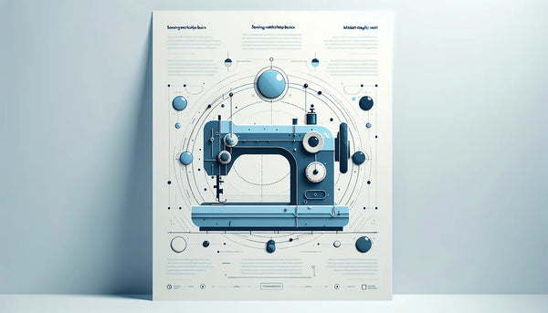 Minimalistische Infografik einer stilisierten Nähmaschine in Persian Blue mit kleinem gelben Akzentpunkt auf weißem Hintergrund. Überschrift Nähwerkstatt Basics, Stichpunkt Moderne Technik präzise genutzt.