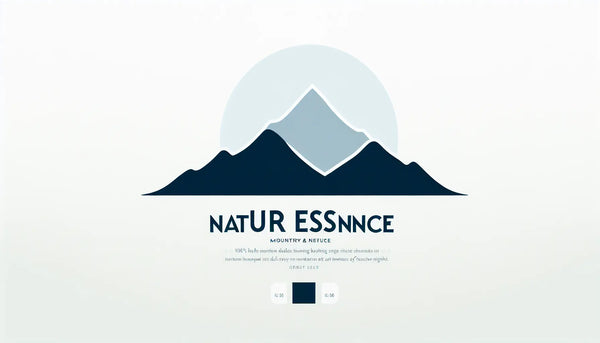 einfache bergsilhouette als reduzierte vektorgrafik auf ruhigem weissem hintergrund mit text zu natur essence