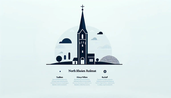 stilisiertes kirchturm symbol als klare vektorgrafik auf ruhigem weiss halb mit text zu nordrhein westfalen tradition und ruhe