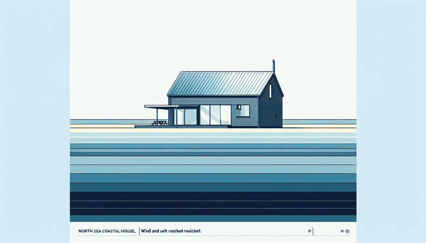 stilisiertes haus an der nordseekueste mit dach aus aluminiumplatten einfache vektorgrafik auf hellem hintergrund mit text zu wind und salzbestaendigkeit