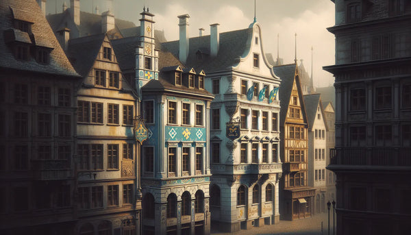 Historisches Stadtbild mit alten Zunftzeichen an Gebäuden in warmem, nostalgischem Licht und Steelmonks-Farbakzenten.