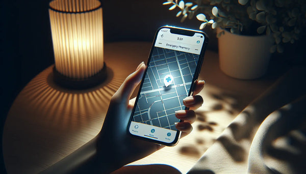 Smartphone zeigt Notdienstapotheke auf Apotheken-App, sanft beleuchtet in Steelmonks Farben für vertrauensvolle medizinische Hilfe bei Nacht.