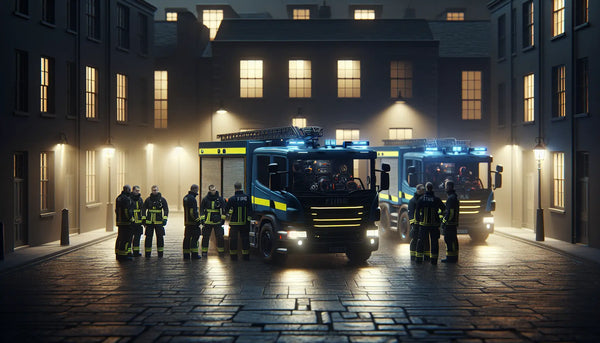 Nachtszene mit Feuerwehrfahrzeugen und Einsatzkräften vor beleuchtetem Gebäude im Einsatz, beruhigende Atmosphäre, Steelmonks Farbgestaltung.