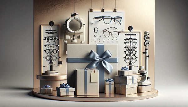 Stilvolles Optiker-Geschäft mit eleganten Geschenkboxen in Steelmonks Farben, Brillen und Sehtestgeräten, warm und einladend.
