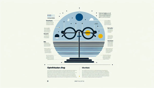 Minimalistische Vektorgrafik eines stilisierten Brillenregals in Persian Blue mit gelbem Akzent auf Ghost White Hintergrund. Text Optikergeschäft und Brillenvielfalt und Beratung.