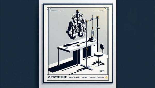 optometrischer arbeitsplatz als minimalistische vektorzeichnung mit optischen geraeten und sehtest tools auf ruhigem weissem hintergrund