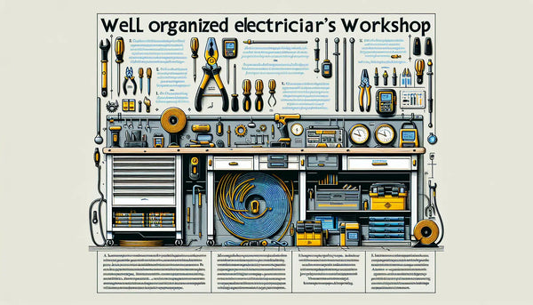 Illustration einer organisierten Elektriker-Werkstatt mit Werkbank, Kabeltrommeln und Elektrowerkzeugen, übersichtlicher Infotext rechts auf hellem Hintergrund.