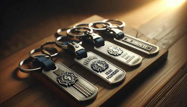 Detailaufnahme personalisierter Edelstahl-Schlüsselanhänger mit Feuerwehrmotiven auf einem warmen Holztisch im Steelmonks-Farbschema.