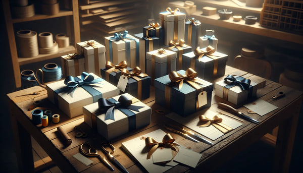 Nahaufnahme von schmalen, elegant verpackten Geschenkboxen mit Persisch Blaue Schleifen und Hunyadi Gelben Akzenten, liebevoll auf einem Werkstatttisch aus Holz arrangiert. Das Bild strahlt Wärme, Freundschaft und Wertschätzung aus.