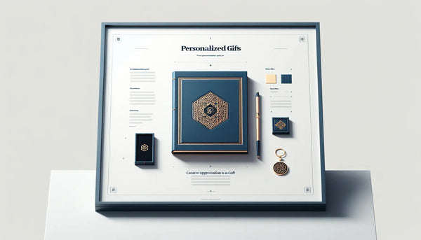 Minimalistische horizontale Vektorgrafik eines eleganten Tisches mit einem personalisierten Leder-Notizbuch mit Initialen und einem gravierten Zunftzeichen Fotoanhänger in Persian Blue mit gelben Akzenten auf weißem Hintergrund.