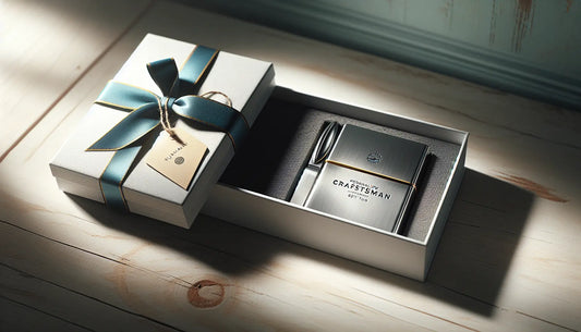 Elegante Geschenkschachtel mit persisch-blauem Band auf heller Holzoberfläche, personalisiertes Edelstahl-Handwerkergeschenk mit Gravur in ruhiger Atmosphäre.