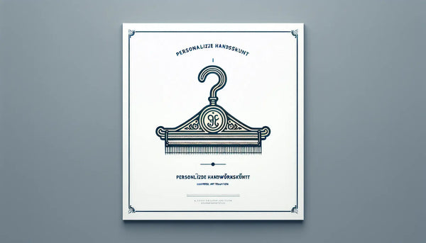 traditioneller handwerkskleiderbuegel mit gravur als einfache vektorgrafik auf hellem ruhigem hintergrund mit text zu personalisierter handwerkskunst