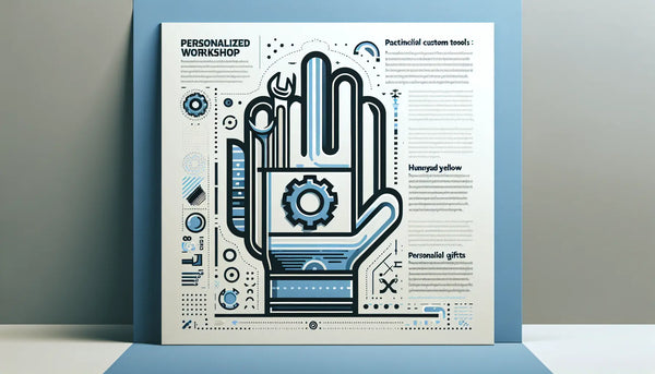 Minimalistische Vektorgrafik eines stilisierten Werkzeugsymbols in Persian Blue mit gelbem Akzent auf weißem Hintergrund, Text Personalisierte Werkstatt, praktische Geschenke und individuelle Werkzeuge.