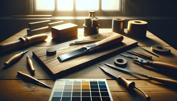 Personalisiertes Werkzeug auf Holz-Werkbank in lichtdurchfluteter Werkstatt, handwerkliches Zubehör, warmes Ambiente, Steelmonks Farbschema.