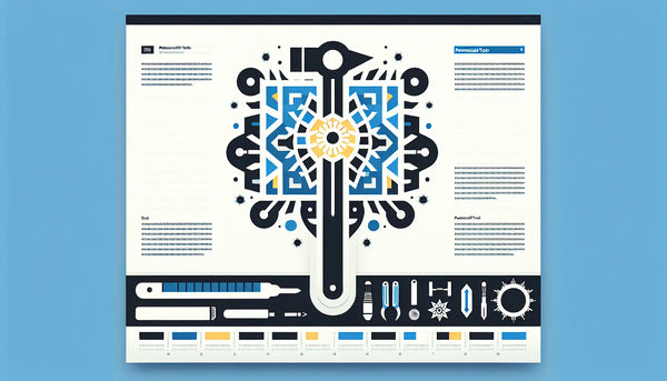 Minimalistisches Bild eines stilisierten Hammers als Zeichen für personalisierte Werkzeuge auf ruhigem weißem Hintergrund mit klarer blauer Linie und gelbem Akzentpunkt