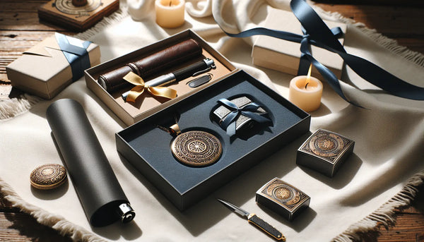 Elegante Sammlung personalisierter handwerklicher Geschenke in Steelmonks Farben, stilvoll und warm präsentiert.