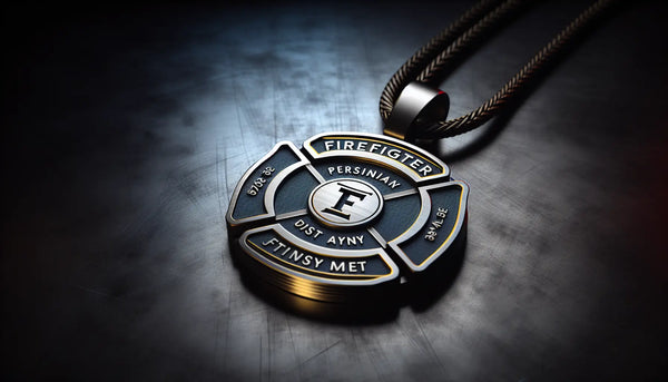 Stilvoller personalisierter Feuerwehranhänger vor dunklem Stahlhintergrund, Symbol für Stärke und Beständigkeit im Steelmonks Look.
