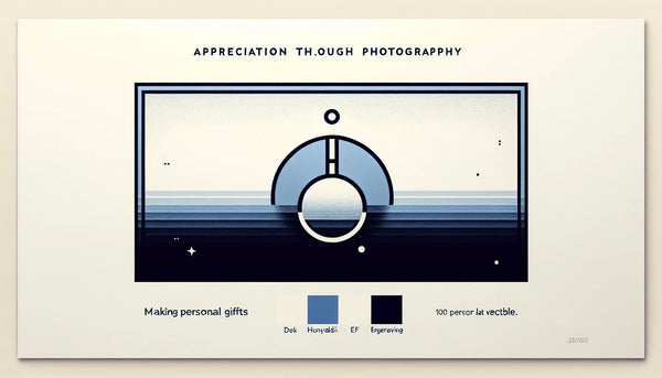 Minimalistischer stilisierter Schlüsselanhänger als reduzierte Vektorgrafik in Persian Blue mit gelbem Akzentpunkt vor ruhigem weißem Hintergrund als Symbol für Wertschätzung und Fotografie