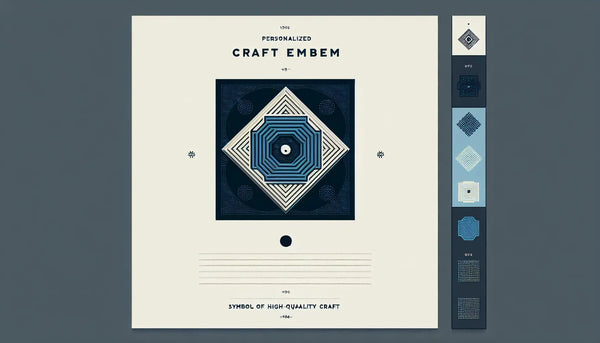 Minimalistische Infografik eines personalisierten Zunft-Anhängers in Persian Blue mit gelbem Akzent auf weißem Hintergrund, repräsentiert hochwertige Handwerkskunst