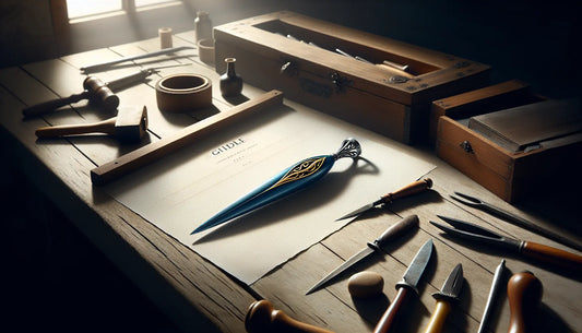 Workshop-Tisch mit Werkzeugen und personalisiertem Zunftanhänger in Steelmonks-Farben, symbolisiert Stolz auf Handwerk und Wertschätzung.
