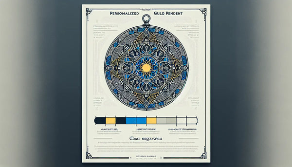 Minimalistischer stilisierter Zunftanhänger als klare Vektorgrafik in Persian Blue mit gelbem Akzent auf ruhigem weißem Hintergrund mit Text Personalisierter Zunftanhänger Hochwertiger Edelstahl klare Gravur