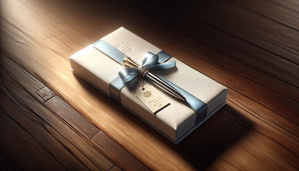 Nahaufnahme eines personalisierten, schmalen Geschenks mit Gravur, verpackt in weißem Papier mit blauem Band und gelbem Anhänger, auf Holzuntergrund, warme und einladende Atmosphäre.