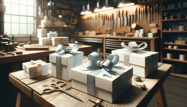 Detailaufnahme einer eleganten Werkstatt mit schmalen, in Ghost White und Persian Blue verpackten Geschenkboxen, hochwertigen personalisierten Werkzeugen auf einem warm beleuchteten Holztisch, freundliche und ruhige Atmosphäre.