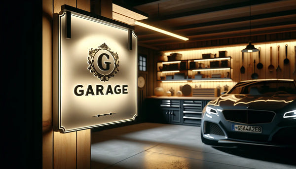 Realistisches, gemütliches Garageninterieur mit personalisiertem weißen Garagenschild und blauen Akzenten an der Wand.