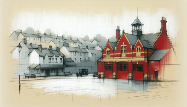 Skizzenhafte Darstellung der Feuerwehrstation und Straßen von Pontypandy ohne Menschen oder Details