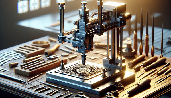 Edle Gravurmaschine graviert metallischen Zunftanhänger, umgeben von Gravurwerkzeugen in Steelmonks Farben mit freundlicher, warmer Atmosphäre.